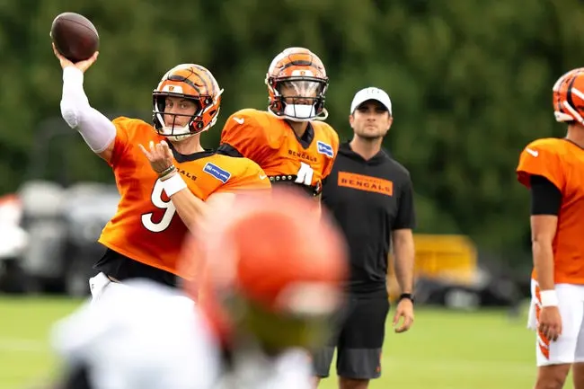 Cincinnati Bengals quarterback Joe Burrow (9) throws a pass during Cincinnati Bengals Practice in Cincinnati on Aug. 21, 2025.