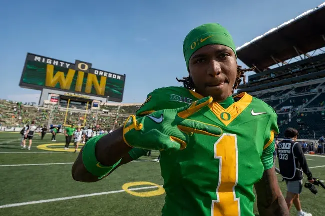 Oregon wide receiver Dakorien Moore celebrates the Ducks’ win as the Oregon Ducks host the Oklahoma State Cowboys on Sept. 6, 2025, at Autzen Stadium in Eugene, Oregon.