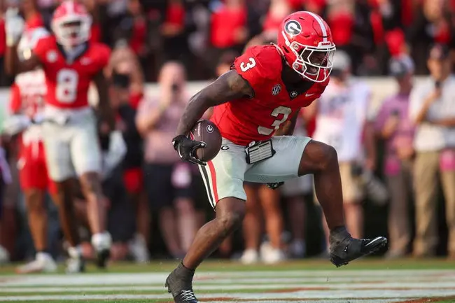 Sep 6, 2025; Athens, Georgia, USA; Georgia Bulldogs running back Nate Frazier (3) celebrates after a touchdown against the Austin Peay Governors in the fourth quarter at Sanford Stadium. Mandatory Credit: Brett Davis-Imagn Images