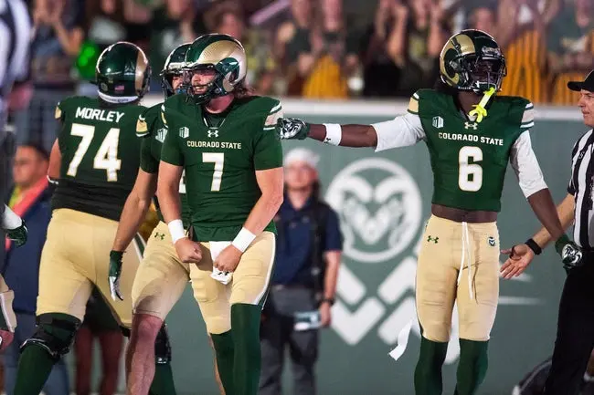 Colorado State's Jackson Brousseau celebrates during an NCAA football game against UTSA at Canvas Stadium on Sept. 20, 2025, in Fort Collins, Colo.