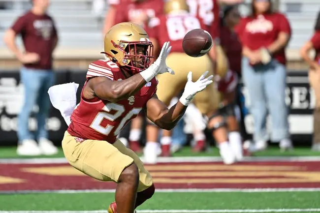 Sep 27, 2025; Chestnut Hill, Massachusetts, USA; Boston College Eagles running back Alex Broome (20) warms up before a game against the California Golden Bears at Alumni Stadium. Mandatory Credit: Eric Canha-Imagn Images
