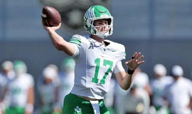 Sep 20, 2025; West Point, New York, USA; North Texas Mean Green quarterback Drew Mestemaker (17) throws a pass against the Army Black Knights during the first half at Michie Stadium. Mandatory Credit: Danny Wild-Imagn Images