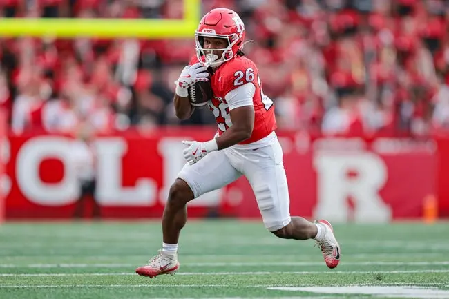 Sep 13, 2025; Piscataway, New Jersey, USA; Rutgers Scarlet Knights running back Terrell Mitchell (26) carries the ball against the Norfolk State Spartans during the second half at SHI Stadium. Mandatory Credit: Vincent Carchietta-Imagn Images