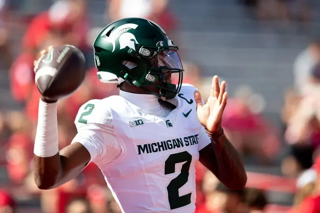 Oct 4, 2025; Lincoln, Nebraska, USA; Michigan State Spartans quarterback Aidan Chiles (2) warms up before the game against the Nebraska Cornhuskers at Memorial Stadium. Mandatory Credit: Kylie Graham-Imagn Images