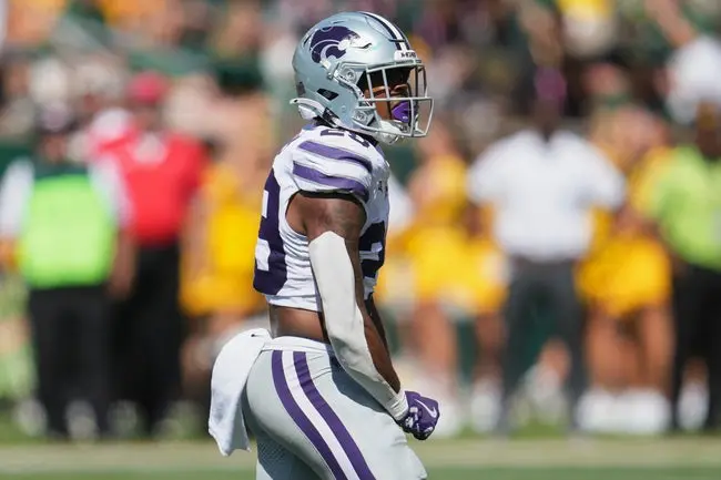 Oct 4, 2025; Waco, Texas, USA; Kansas State Wildcats cornerback Kanijal Thomas (29) reacts after making a play against the Baylor Bears during the first half at McLane Stadium. Mandatory Credit: Chris Jones-Imagn Images