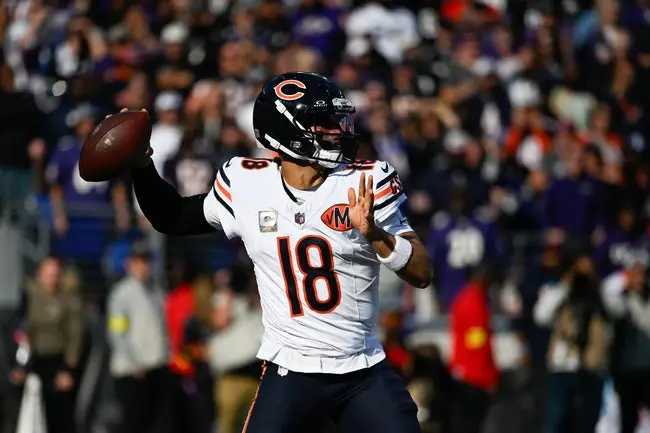 Oct 26, 2025; Baltimore, Maryland, USA; Chicago Bears quarterback Caleb Williams (18) throws a pass during the fourth quarter against the Baltimore Ravens at M&T Bank Stadium. Mandatory Credit: Tommy Gilligan-Imagn Images