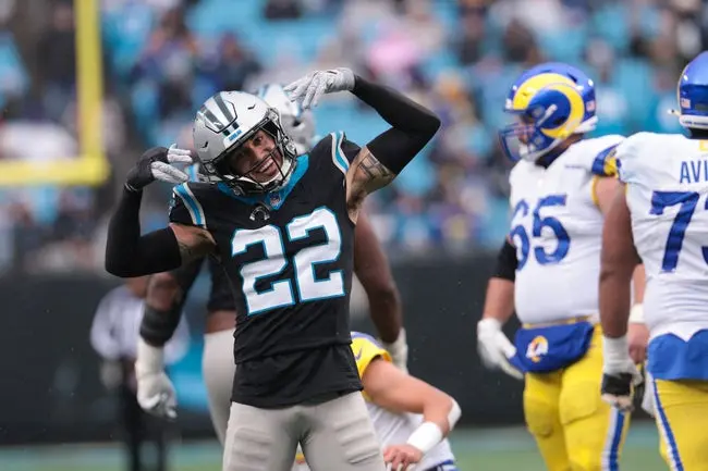featured-image-1765416571346 Nov 30, 2025; Charlotte, North Carolina, USA; Carolina Panthers safety Lathan Ransom (22) celebrates after a play during the third quarter against the Los Angeles Rams at Bank of America Stadium. Mandatory Credit: Scott Kinser-Imagn Images