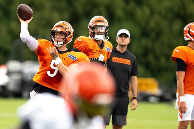 Cincinnati Bengals quarterback Joe Burrow (9) throws a pass during Cincinnati Bengals Practice in Cincinnati on Aug. 21, 2025.