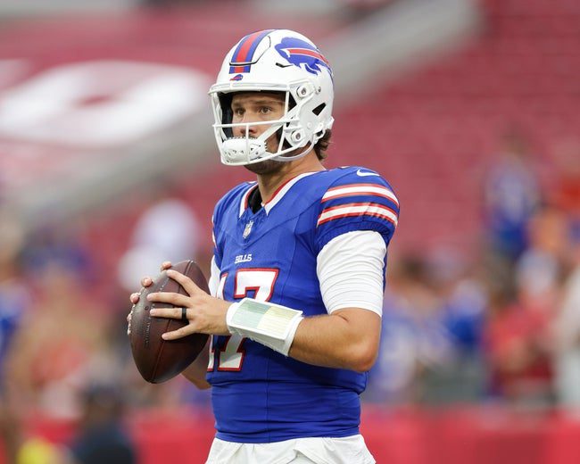 Aug 23, 2025; Tampa, Florida, USA; Buffalo Bills quarterback Josh Allen (17) warms up before a game against the Tampa Bay Buccaneers at Raymond James Stadium. Mandatory Credit: Nathan Ray Seebeck-Imagn Images