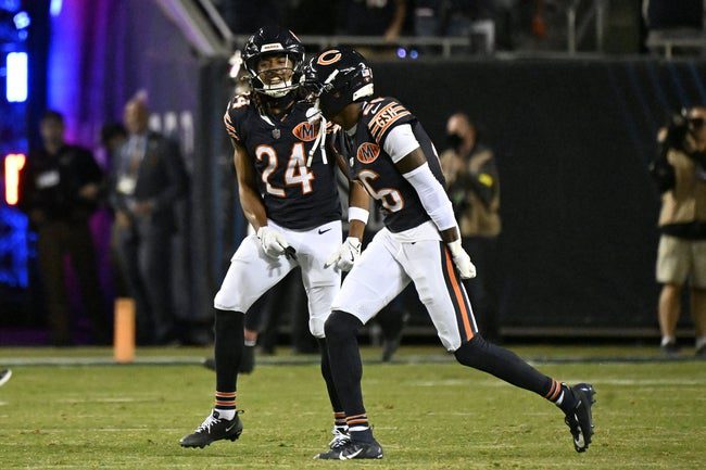 Sep 8, 2025; Chicago, Illinois, USA; Chicago Bears wide receiver JP Richardson (26) reacts with cornerback Nick McCloud (24) after an interception during the second half at Soldier Field. Mandatory Credit: Matt Marton-Imagn Images