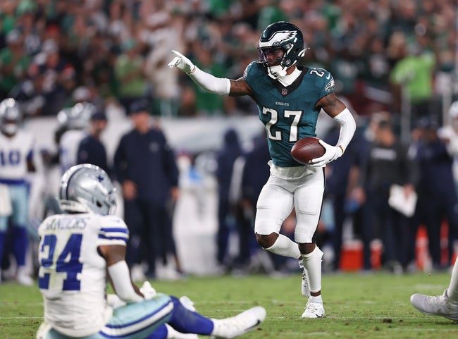 Sep 4, 2025; Philadelphia, Pennsylvania, USA; Philadelphia Eagles cornerback Quinyon Mitchell (27) reacts to his fumble recovery against the Dallas Cowboys at Lincoln Financial Field. Mandatory Credit: Bill Streicher-Imagn Images