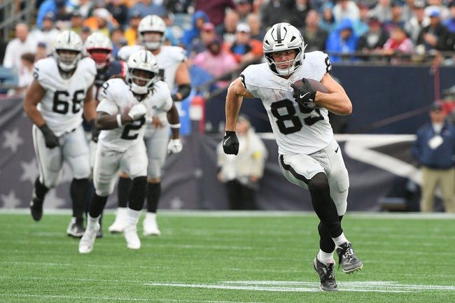 Sep 7, 2025; Foxborough, Massachusetts, USA; Las Vegas Raiders tight end Brock Bowers (89) makes a catch against the New England Patriots during the second half at Gillette Stadium. Mandatory Credit: Bob DeChiara-Imagn Images