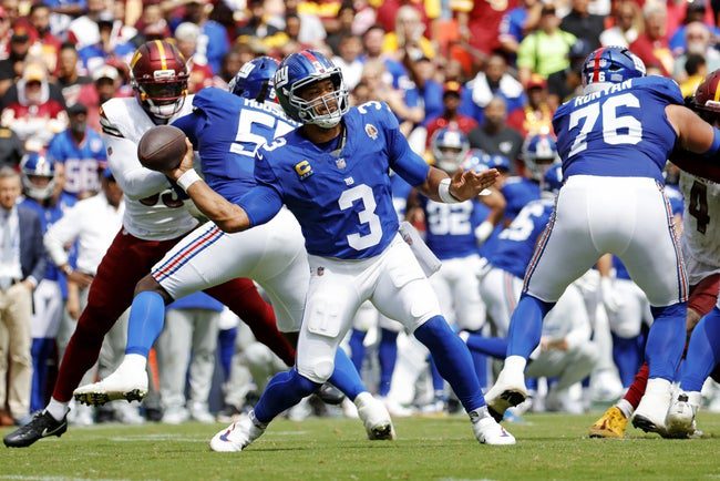 Sep 7, 2025; Landover, Maryland, USA; New York Giants quarterback Russell Wilson (3) makes a pass during the second quarter against the Washington Commanders at Northwest Stadium. Mandatory Credit: Amber Searls-Imagn Images