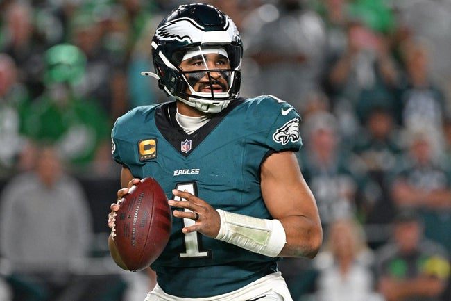 Sep 4, 2025; Philadelphia, Pennsylvania, USA; Philadelphia Eagles quarterback Jalen Hurts (1) against the Dallas Cowboys at Lincoln Financial Field. Mandatory Credit: Eric Hartline-Imagn Images