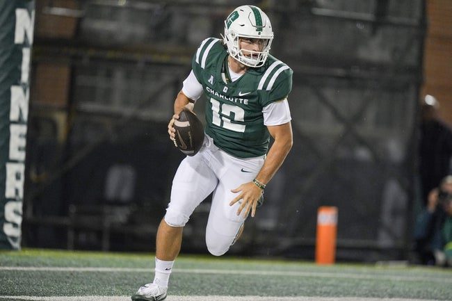 Sep 6, 2025; Charlotte, North Carolina, USA; Charlotte 49ers quarterback Grayson Loftis (12) rolls out to pass against the North Carolina Tar Heels during the second half at Jerry Richardson Stadium. Mandatory Credit: Jim Dedmon-Imagn Images