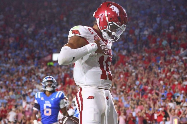 Sep 13, 2025; Oxford, Mississippi, USA; Arkansas Razorback quarterback Taylen Green (10) reacts after running for a touchdown during the second quarter against the Mississippi Rebels at Vaught-Hemingway Stadium. Mandatory Credit: Petre Thomas-Imagn Images
