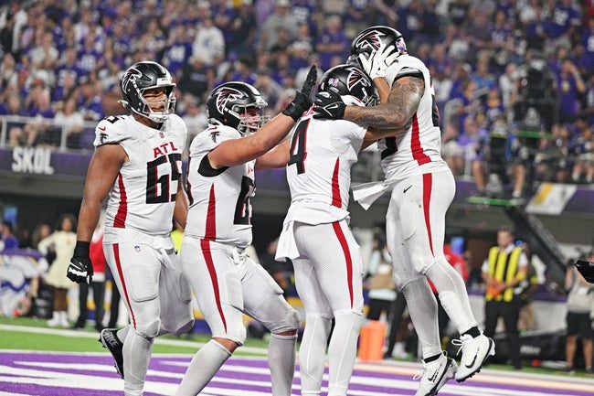 Sep 14, 2025; Minneapolis, Minnesota, USA; Atlanta Falcons running back Tyler Allgeier (25) celebrates after a touchdown during the second half against the Minnesota Vikings at U.S. Bank Stadium. Mandatory Credit: Jeffrey Becker-Imagn Images