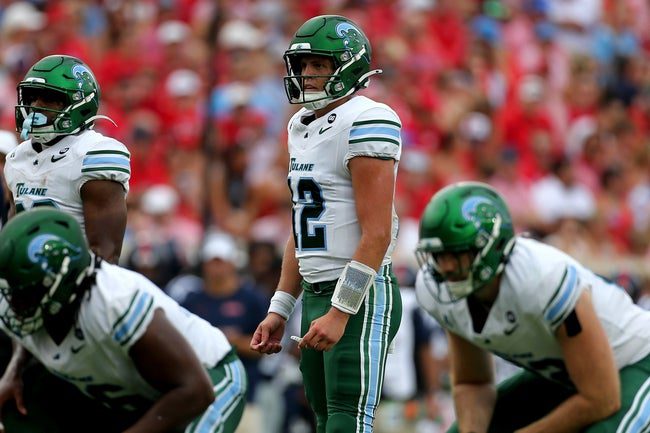 Sep 20, 2025; Oxford, Mississippi, USA; Tulane Green Wave quarterback Jake Retzlaff (12) looks on during the second quarter against the Mississippi Rebels at Vaught-Hemingway Stadium. Mandatory Credit: Petre Thomas-Imagn Images