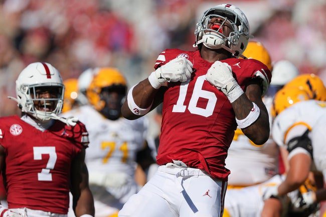 Oklahoma defensive lineman Danny Okoye (16) celebrates near linebacker Sammy Omosigho (7) after a sack during the first half of an NCAA football game between the Oklahoma Sooners (OU) and Kent State Golden Flashes at Gaylord Family - Oklahoma Memorial Stadium in Norman, Okla., Saturday, Oct. 4, 2025.