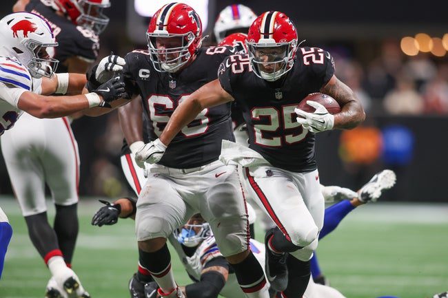 Oct 13, 2025; Atlanta, Georgia, USA; Atlanta Falcons running back Tyler Allgeier (25) carries the ball against the Buffalo Bills during the second half of a game at Mercedes-Benz Stadium. Mandatory Credit: Brett Davis-Imagn Images