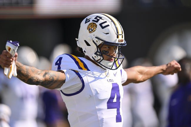 Oct 18, 2025; Nashville, Tennessee, USA; Louisiana State Tigers wide receiver Nic Anderson (4) stretches against the Vanderbilt Commodores during pre-game warmups at FirstBank Stadium. Mandatory Credit: Steve Roberts-Imagn Images