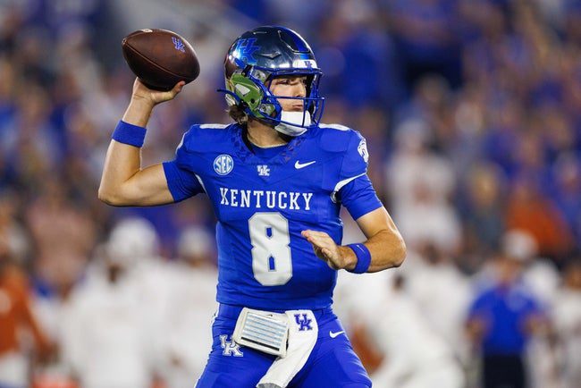 Oct 18, 2025; Lexington, Kentucky, USA; Kentucky Wildcats quarterback Cutter Boley (8) throws a pass during the first quarter against the Texas Longhorns at Kroger Field. Mandatory Credit: Jordan Prather-Imagn Images