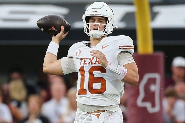 Oct 25, 2025; Starkville, Mississippi, USA; Texas Longhorns quarterback Arch Manning (16) throws a pass during the second quarter against the Mississippi State Bulldogs at Davis Wade Stadium at Scott Field. Mandatory Credit: Petre Thomas-Imagn Images