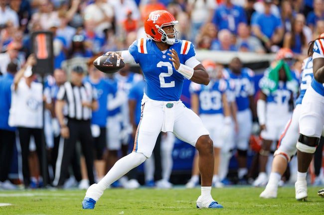 Oct 18, 2025; Gainesville, Florida, USA; Florida Gators quarterback DJ Lagway (2) throws the ball against the Mississippi State Bulldogs during the first half at Ben Hill Griffin Stadium. Mandatory Credit: Matt Pendleton-Imagn Images
