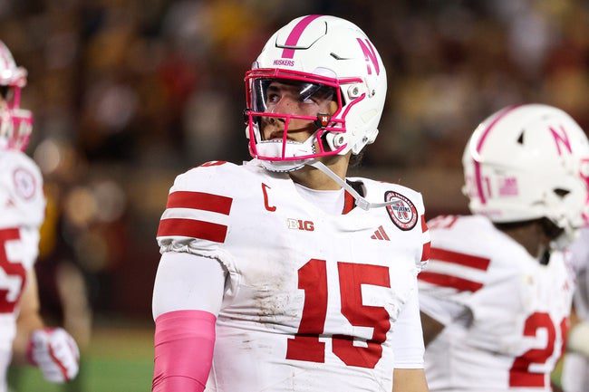 Oct 17, 2025; Minneapolis, Minnesota, USA; Nebraska Cornhuskers quarterback Dylan Raiola (15) looks on during the second half against the Minnesota Golden Gophers at Huntington Bank Stadium. Mandatory Credit: Matt Krohn-Imagn Images