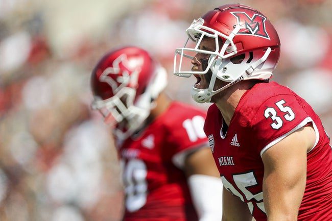 Sep 17, 2022; Cincinnati, Ohio, USA; Miami Redhawks linebacker Ryan McWood (35) reacts after tackling Cincinnati Bearcats running back Charles McClelland (not pictured) in the first half at Paycor Stadium. Mandatory Credit: Katie Stratman-Imagn Images