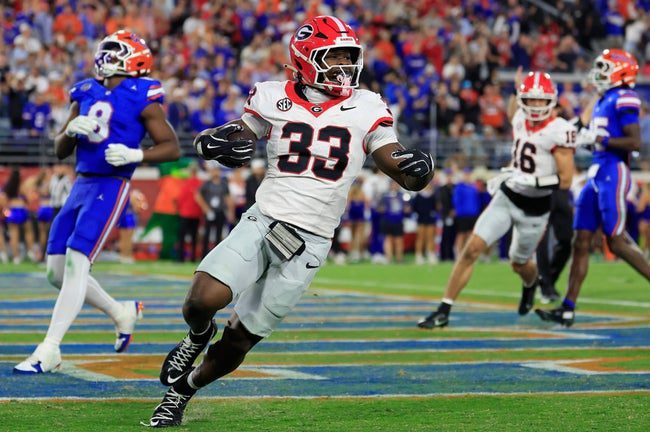 Georgia Bulldogs running back Chauncey Bowens (33) scores a touchdown during the fourth quarter of an NCAA football game, Saturday, Nov. 1, 2025, at EverBank Stadium in Jacksonville, Fla. Georgia held off Florida 24-20. [Corey Perrine/Florida Times-Union]