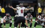 Oct 26, 2025; New Orleans, Louisiana, USA; Tampa Bay Buccaneers quarterback Baker Mayfield (6) directs a play during the fourth quarter against the New Orleans Saints at Caesars Superdome. Mandatory Credit: Stephen Lew-Imagn Images