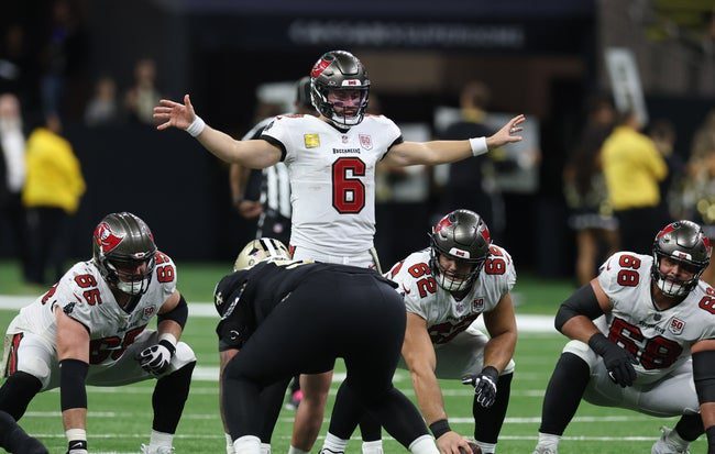 Oct 26, 2025; New Orleans, Louisiana, USA; Tampa Bay Buccaneers quarterback Baker Mayfield (6) directs a play during the fourth quarter against the New Orleans Saints at Caesars Superdome. Mandatory Credit: Stephen Lew-Imagn Images