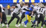 Nov 2, 2025; Inglewood, California, USA; New Orleans Saints quarterback Tyler Shough (6) hands off to running back Alvin Kamara (41) during the second half against the Los Angeles Rams at SoFi Stadium. Mandatory Credit: Jayne Kamin-Oncea-Imagn Images