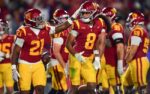 Nov 7, 2025; Los Angeles, California, USA; Southern California Trojans wide receiver Ja'Kobi Lane (8) celebrates his touchdown scored against the Northwestern Wildcats with running back Bryan Jackson (21) during the second half at the Los Angeles Memorial Coliseum. Mandatory Credit: Gary A. Vasquez-Imagn Images