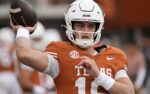 Nov 1, 2025; Austin, Texas, USA; Texas Longhorns quarterback Arch Manning (16) warms up before a game against the Vanderbilt Commodores at Darrell K Royal-Texas Memorial Stadium. Mandatory Credit: Scott Wachter-Imagn Images