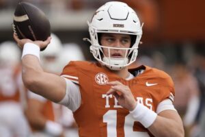 Nov 1, 2025; Austin, Texas, USA; Texas Longhorns quarterback Arch Manning (16) warms up before a game against the Vanderbilt Commodores at Darrell K Royal-Texas Memorial Stadium. Mandatory Credit: Scott Wachter-Imagn Images