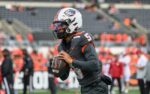 Nov 1, 2025; Corvallis, Oregon, USA; Oregon State Beavers quarterback Gabarri Johnson (5) warms up before the game against the Washington State Cougars at Reser Stadium. Mandatory Credit: Craig Strobeck-Imagn Images