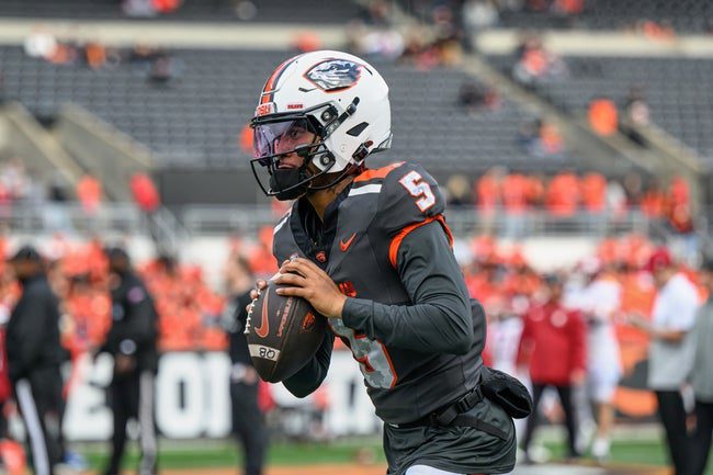 Nov 1, 2025; Corvallis, Oregon, USA; Oregon State Beavers quarterback Gabarri Johnson (5) warms up before the game against the Washington State Cougars at Reser Stadium. Mandatory Credit: Craig Strobeck-Imagn Images