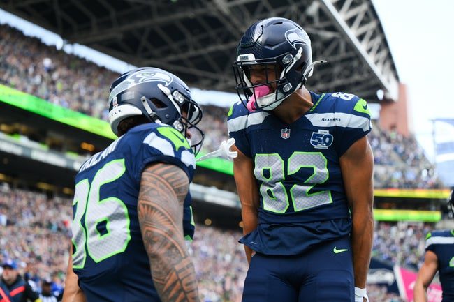 Nov 9, 2025; Seattle, Washington, USA; Seattle Seahawks running back George Holani (36) celebrates with Seattle Seahawks wide receiver Cody White (82) after scoring a touchdown during the first quarter against the Arizona Cardinals at Lumen Field. Mandatory Credit: Steven Bisig-Imagn Images