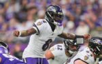 Nov 9, 2025; Minneapolis, Minnesota, USA; Baltimore Ravens quarterback Lamar Jackson (8) under center against the Minnesota Vikings in the fourth quarter at U.S. Bank Stadium. Mandatory Credit: Brad Rempel-Imagn Images