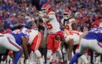 Kansas City Chiefs quarterback Patrick Mahomes points to the Bills defensive line up during first half action against the Kansas City Chiefs at Highmark Stadium in Orchard Park on Nov. 2, 2025.