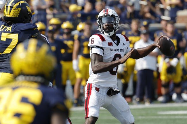 Sep 14, 2024; Ann Arbor, Michigan, USA; Arkansas State Red Wolves quarterback Timmy McClain (6) throws against the Michigan Wolverines during the second half at Michigan Stadium. Mandatory Credit: Rick Osentoski-Imagn Images