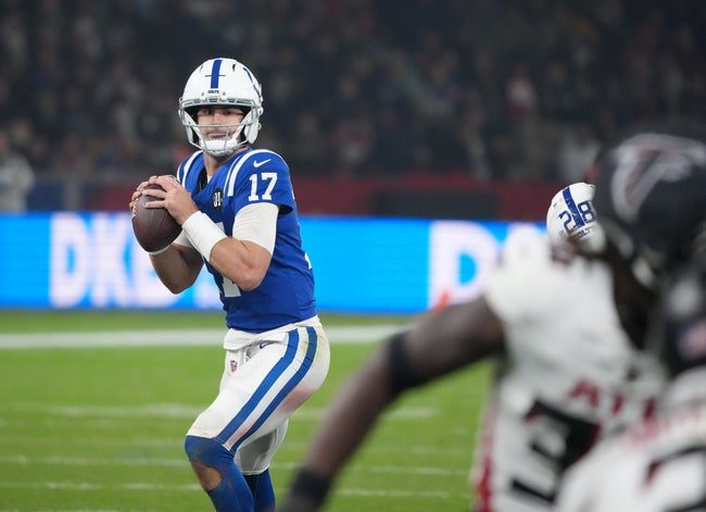 Nov 9, 2025; Berlin, Germany; Indianapolis Colts quarterback Daniel Jones (17) throws a pass against the Atlanta Falcons during the NFL Berlin Game at Olympic Stadium. Mandatory Credit: Kirby Lee-Imagn Images
