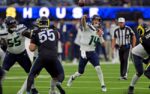 Nov 16, 2025; Inglewood, California, USA; Seattle Seahawks quarterback Sam Darnold (14) throws a pass during the second half against the Los Angeles Rams at SoFi Stadium. Mandatory Credit: Jayne Kamin-Oncea-Imagn Images