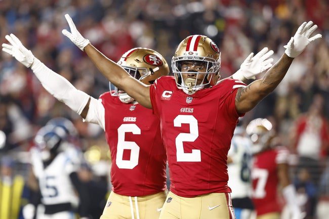 Nov 24, 2025; Santa Clara, California, USA; San Francisco 49ers cornerback Deommodore Lenoir (2) reacts against the Carolina Panthers during the second half at Levi's Stadium. Mandatory Credit: Kelley L Cox-Imagn Images