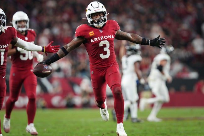 Arizona Cardinals safety Budda Baker (3) celebrates his interception against the Jacksonville Jaguars at State Farm Stadium on Nov. 23, 2025.
