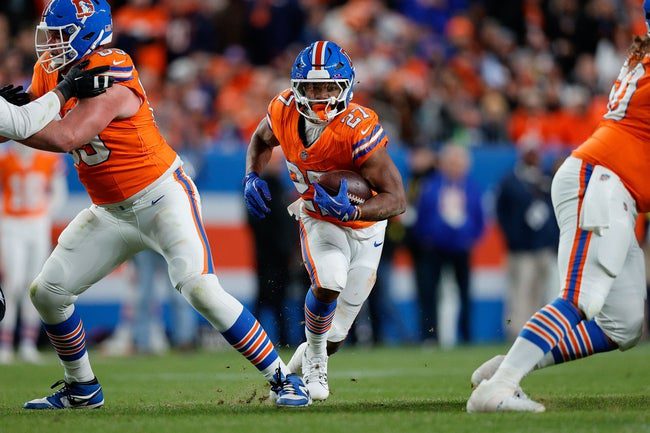 Nov 6, 2025; Denver, Colorado, USA; Denver Broncos running back J.K. Dobbins (27) runs the ball in the fourth quarter against the Las Vegas Raiders at Empower Field at Mile High. Mandatory Credit: Isaiah J. Downing-Imagn Images