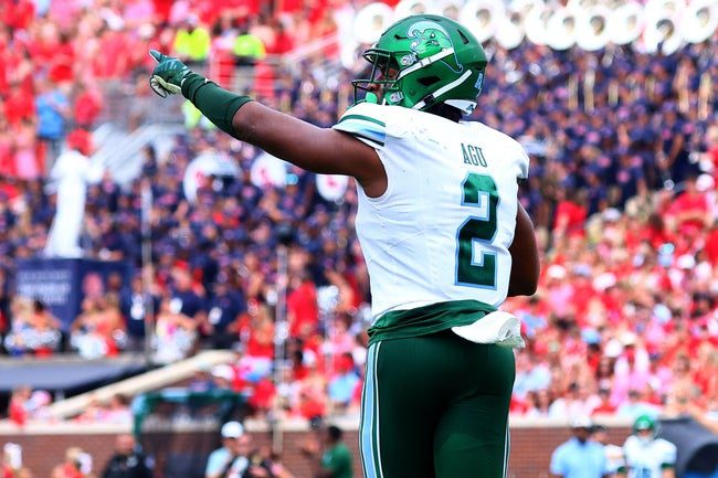 Sep 20, 2025; Oxford, Mississippi, USA; Tulane Green Wave linebacker Dickson Agu (2) reacts during the first quarter against the Mississippi Rebels at Vaught-Hemingway Stadium. Mandatory Credit: Petre Thomas-Imagn Images