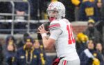 Ohio State Buckeyes quarterback Julian Sayin (10) looks to pass during the NCAA football game against the Michigan Wolverines at Michigan Stadium in Ann Arbor, Mich. on Nov. 29, 2025. Ohio State won 27-9.